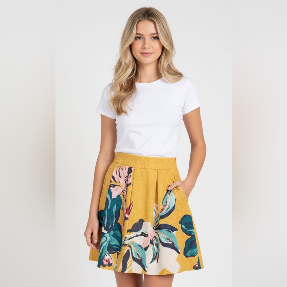 MAEVE ANTHROPOLOGIE TROPICAL FLORAL MINI RUFFLE FLARE SKIRT SZ12 BOHO RESORTWEAR